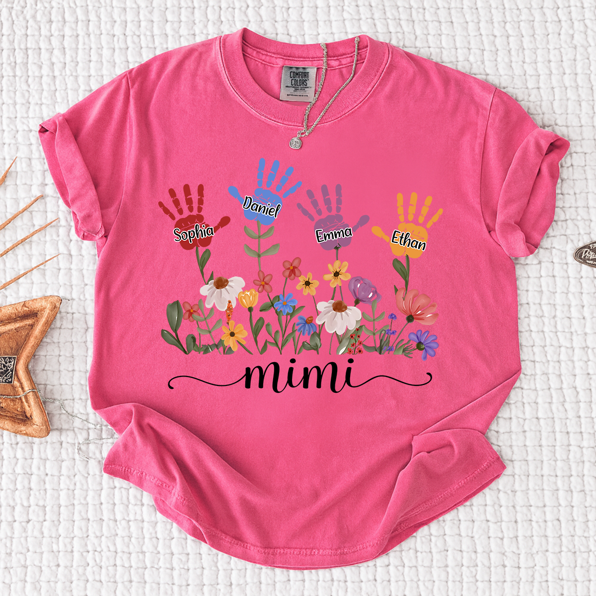 Comfort Colors Mimi Custom T Shirt with Kids Handprints, Personalized Family Names and Colorful Flower Design
