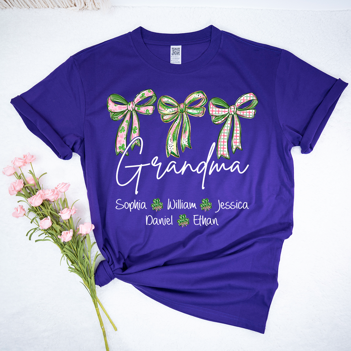 Lucky Grandma Personalized Shirt, Shamrock and Bow St Patrick Day Theme, Custom Names Family Shirt for Grandma