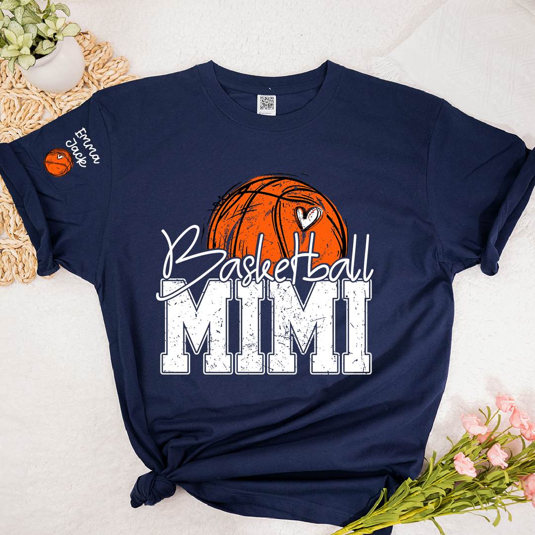 Custom Basketball Mimi Shirt with Heart and Ball Graphic, Personalized Family Names