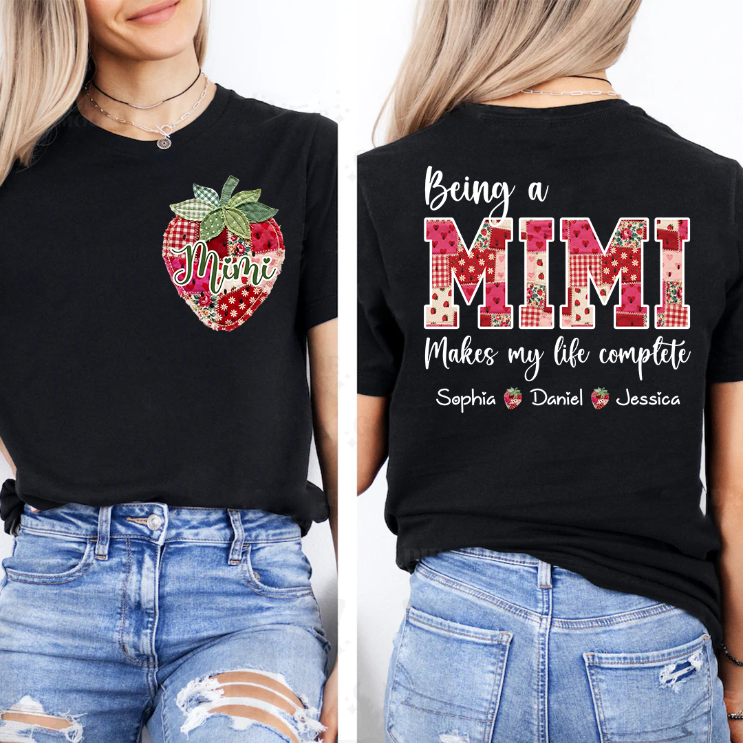 Custom Mimi Shirt with Grandkids Names, Personalized Strawberry Patchwork Tee for Grandma Nana Gigi, Cute Family Gift