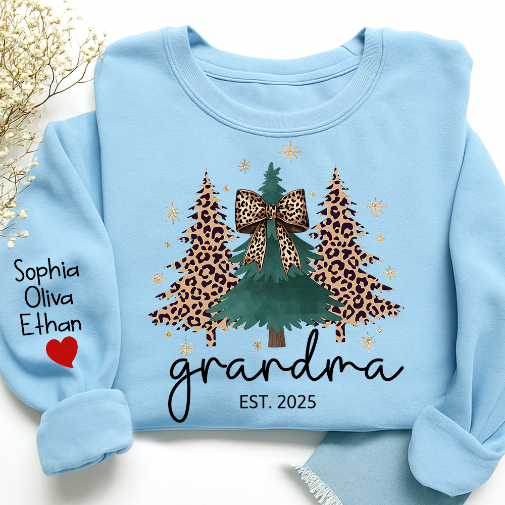 Christmas Sweater Printed with Personalized Name, Leopard Christmas Tree Personalized Gift for Grandma