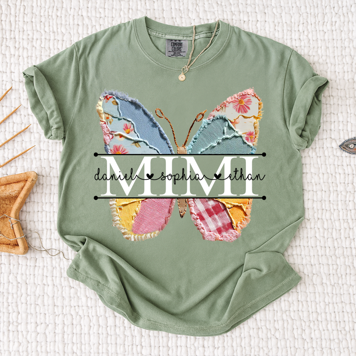 Comfort Colors Custom Mimi T Shirt, Floral Butterfly Design with Grandkids Names, Personalized Family Tee