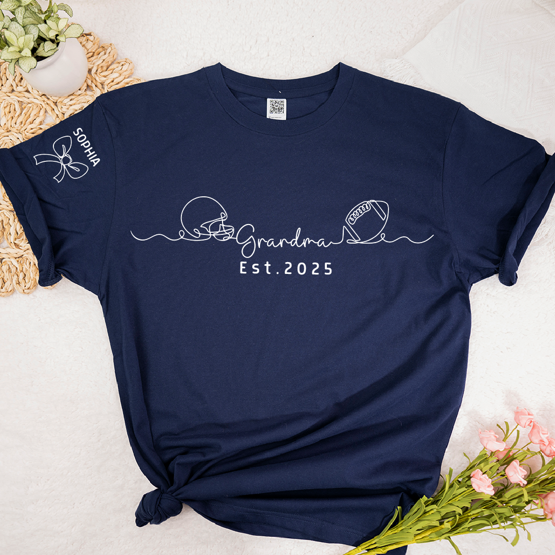 Custom Grandma T Shirt, Football Line Art For Gift Grandma And Kids Est. 2025