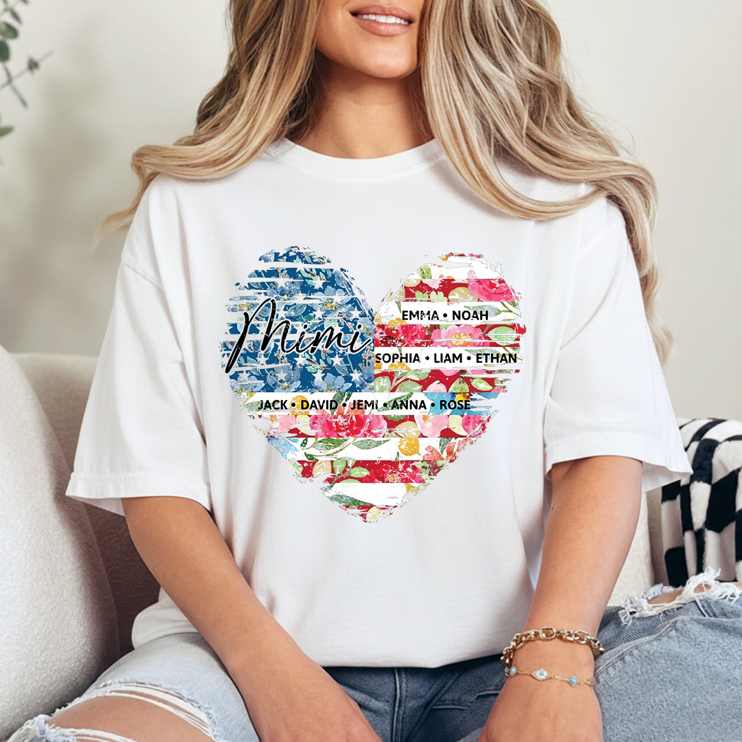Personalized Mimi Heart Shirts With Children's Names, Family T-Shirts With Stylized Floral And American Flag Designs