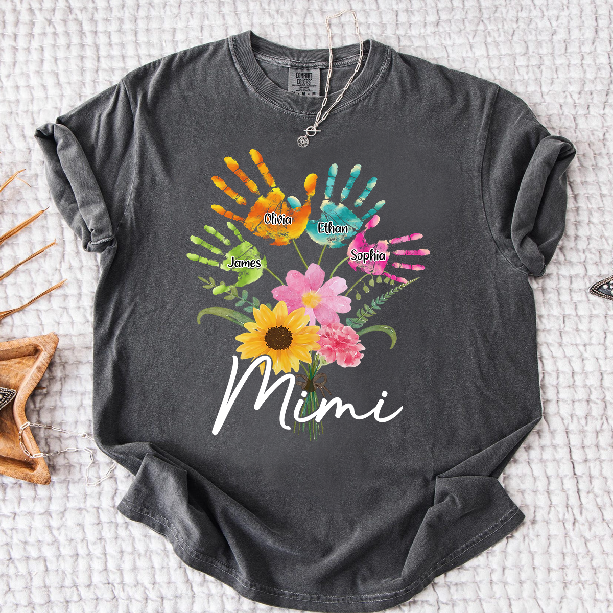 Custom Mimi Shirt, Personalized Handprints and Flowers with Family Names, Idea Gift for Mimi