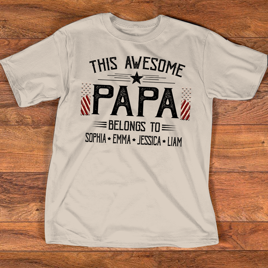 Custom This Awesome Papa T Shirt, American Flag Graphic, Personalized with Family Names for Papa