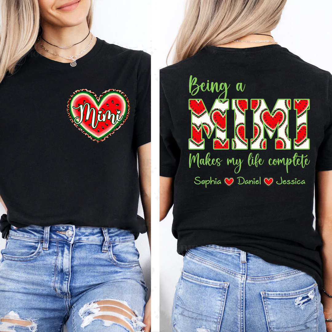 Personalized Mimi Watermelon Heart Shirt, Custom Grandma Comfort Colors Tee with Grandkids Names, Being a Mimi Makes My Life Complete
