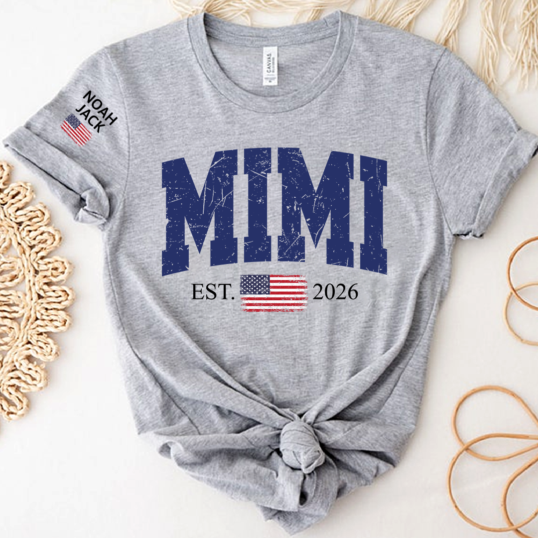 Patriotic Mimi T Shirt, Vintage American Flag Design with Custom Grandkids Names