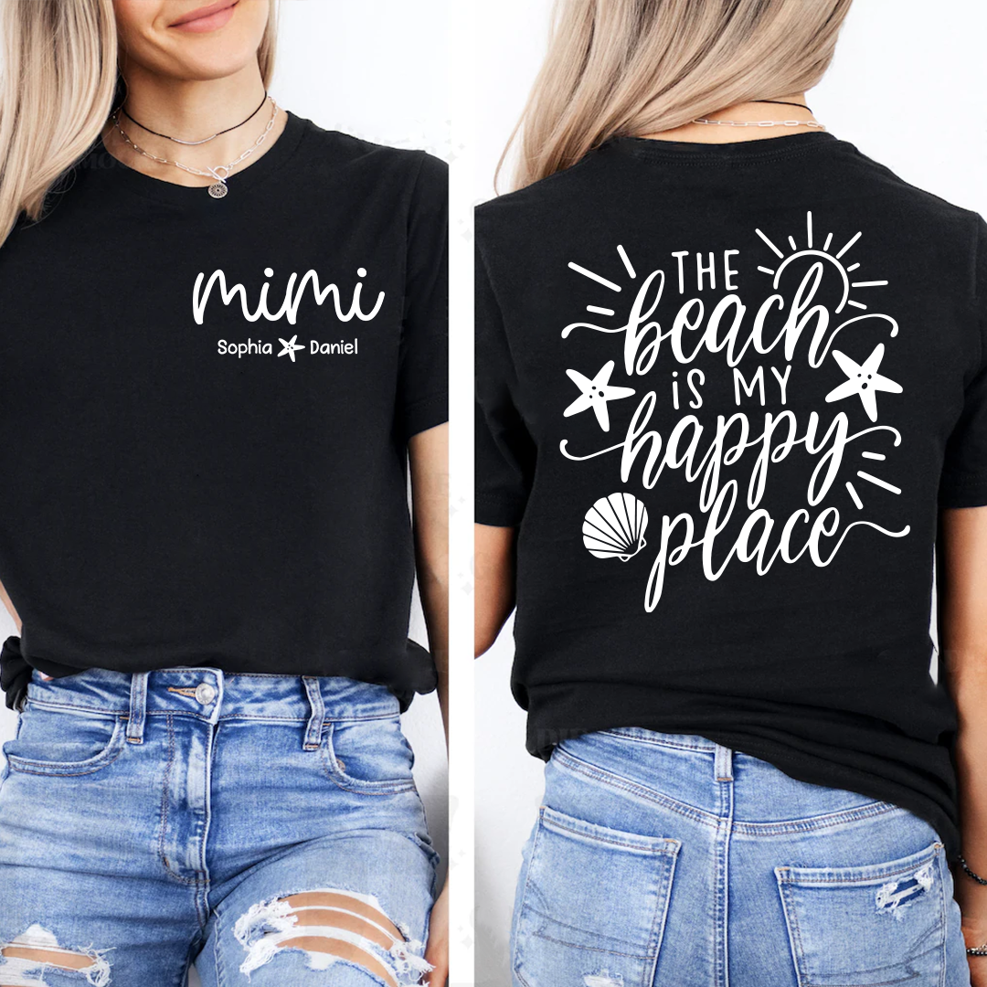 Personalized Mimi The Beach Is My Happy Place Shirt, Custom Grandkids Names T-Shirt, Beach Lover Grandma Gift, Summer Vacation Tee