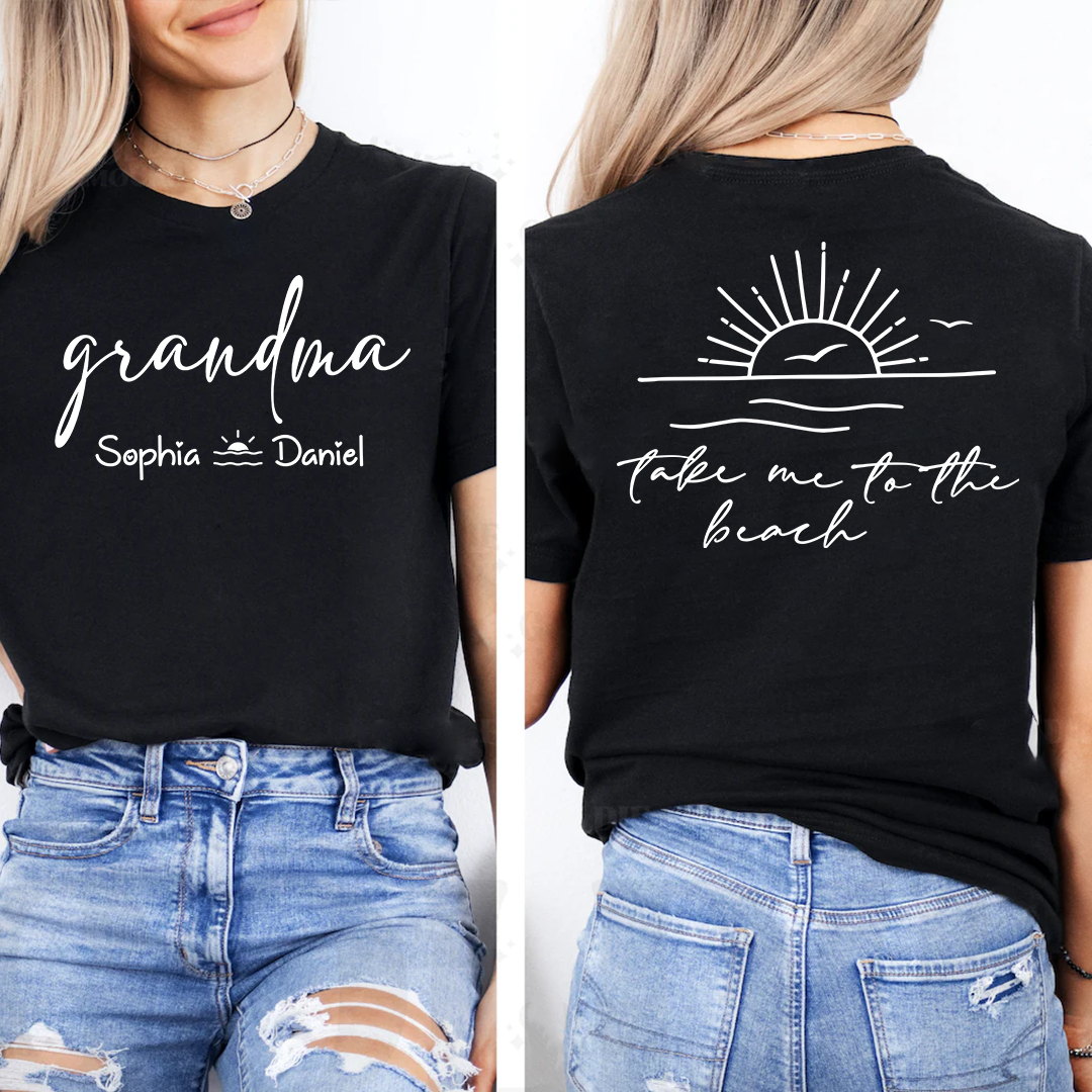 Custom Grandma Shirt with Grandchildren Names, Beach Vacation Back Graphic Tee, Personalized Family Summer Apparel for Women