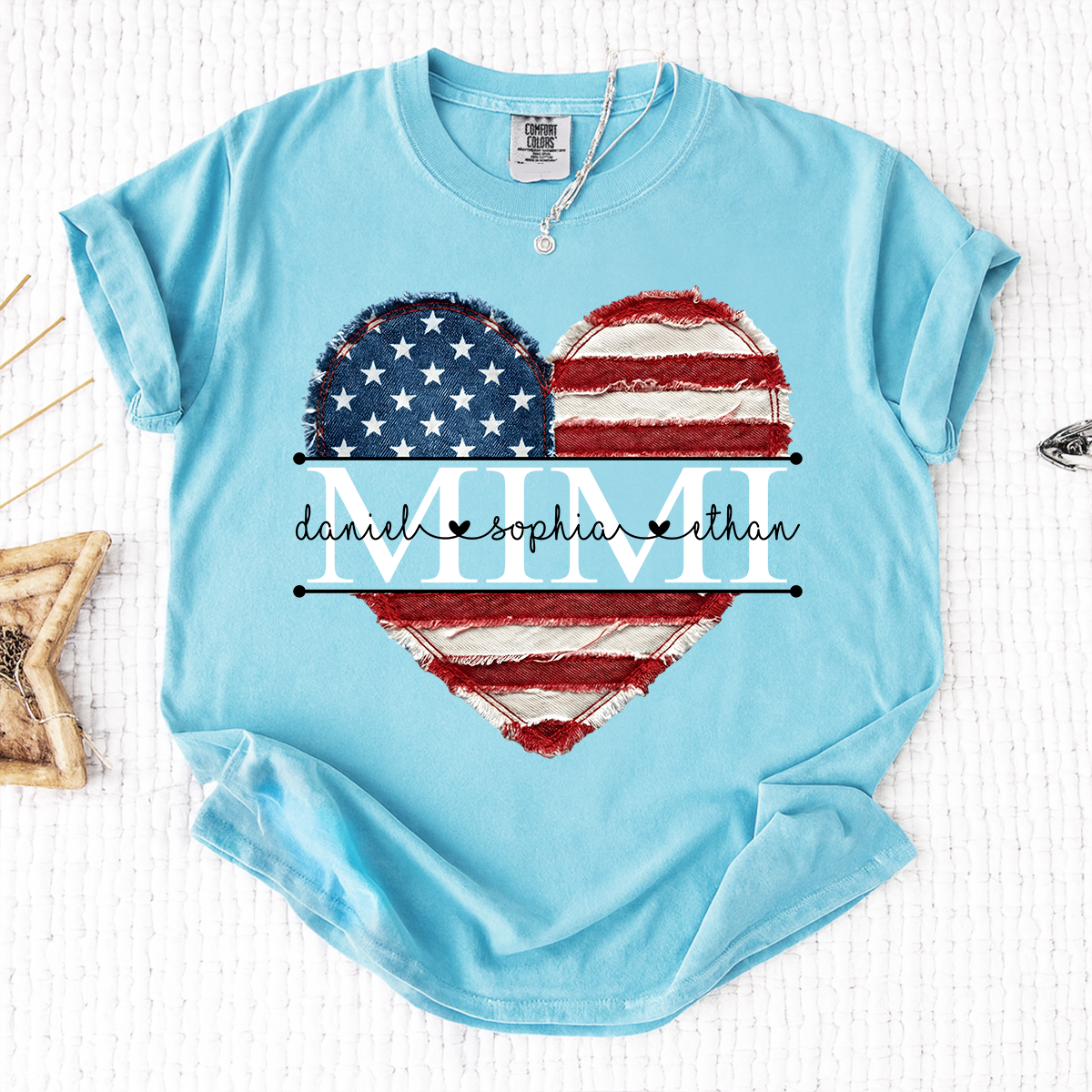 Comfort Colors Mimi Shirt with USA Flag Heart, Personalized with Kids Names, Custom Grandmother T Shirt, Ideal for Mother's Day, Patriotic Gift