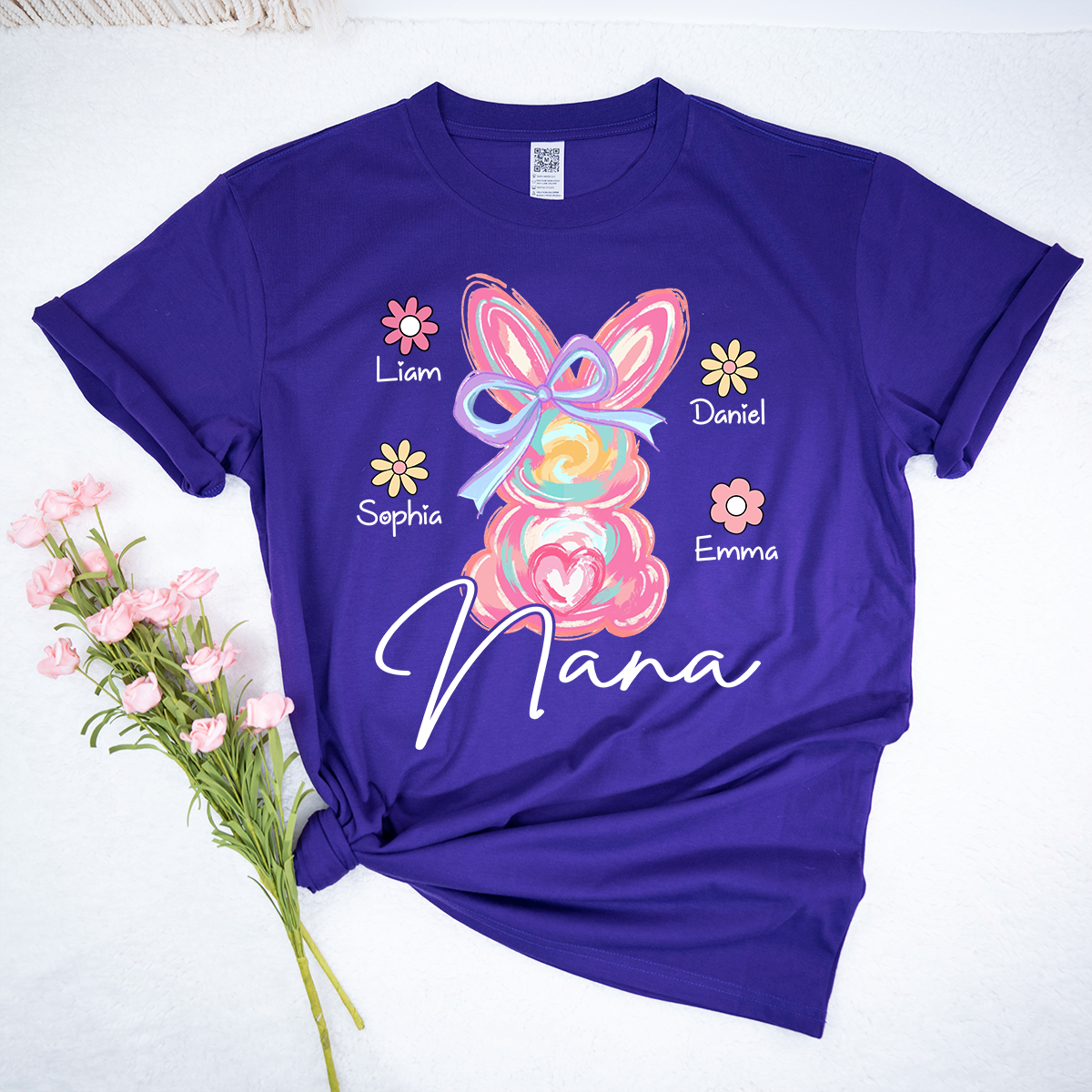 Custom Grandma T Shirt Bunny Design, Personalized Floral Shirt With Children Names