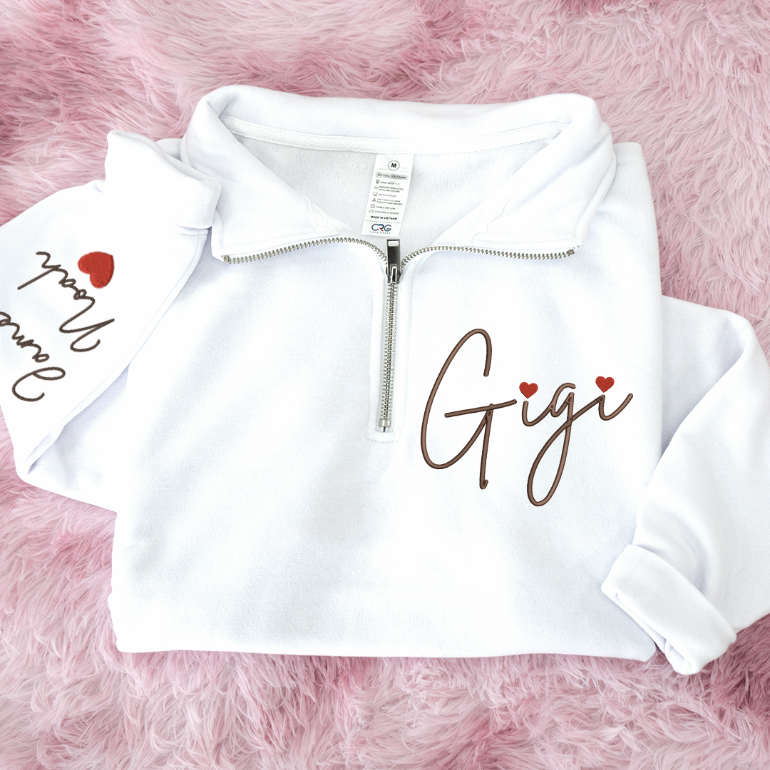 Gigi Heart Embroidered Quarter Zip, Personalized Name Sweater for Grandma