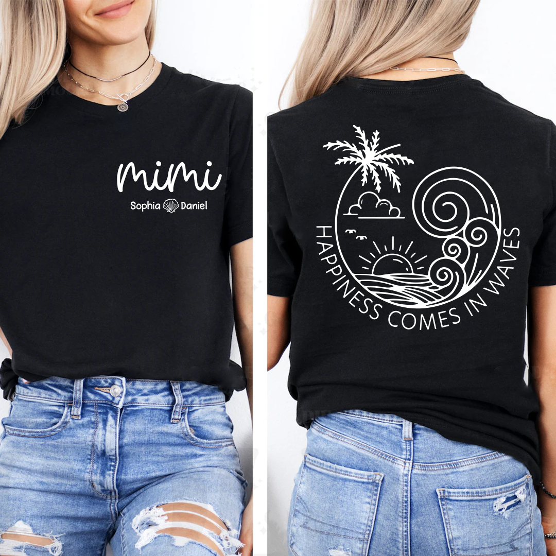Custom Mimi Shirt with Kids Names, Happiness Comes in Waves Beach Tee, Personalized Grandma Summer Vacation Apparel