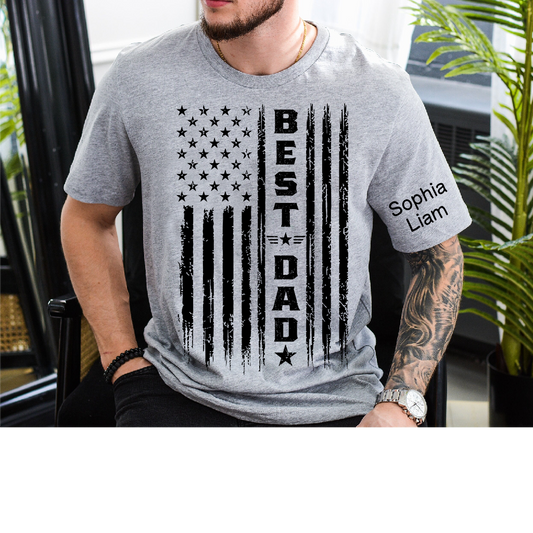 Best Dad Patriotic T-Shirt – Custom Kids Names American Flag Design Gift for Daddy Papa Fathers Day Birthday