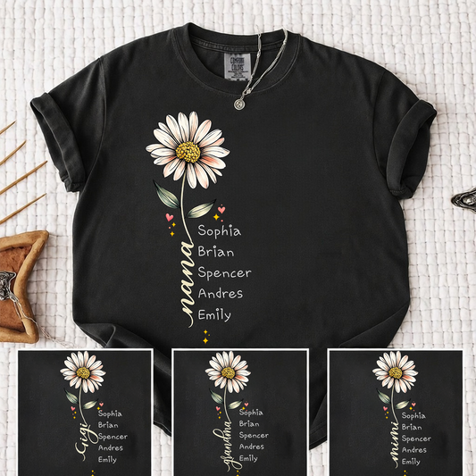 Comfort Colors Personalized Grandma Shirt Daisy Flower Design Custom Nana Mimi Gigi Name Tee with Grandkids Names Vertical Style Family Outfit for Women