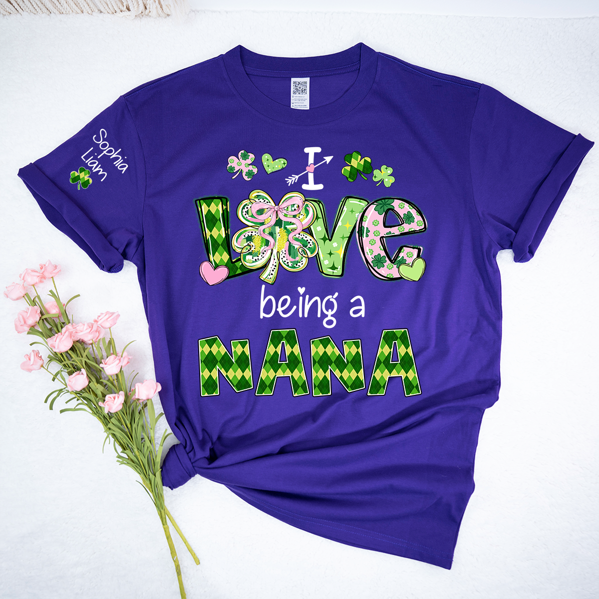 Personalized Patrick’s Day Nana Shirt, I Love Being a Nana Shamrock Design, Custom Grandma Shirt with Kids Names