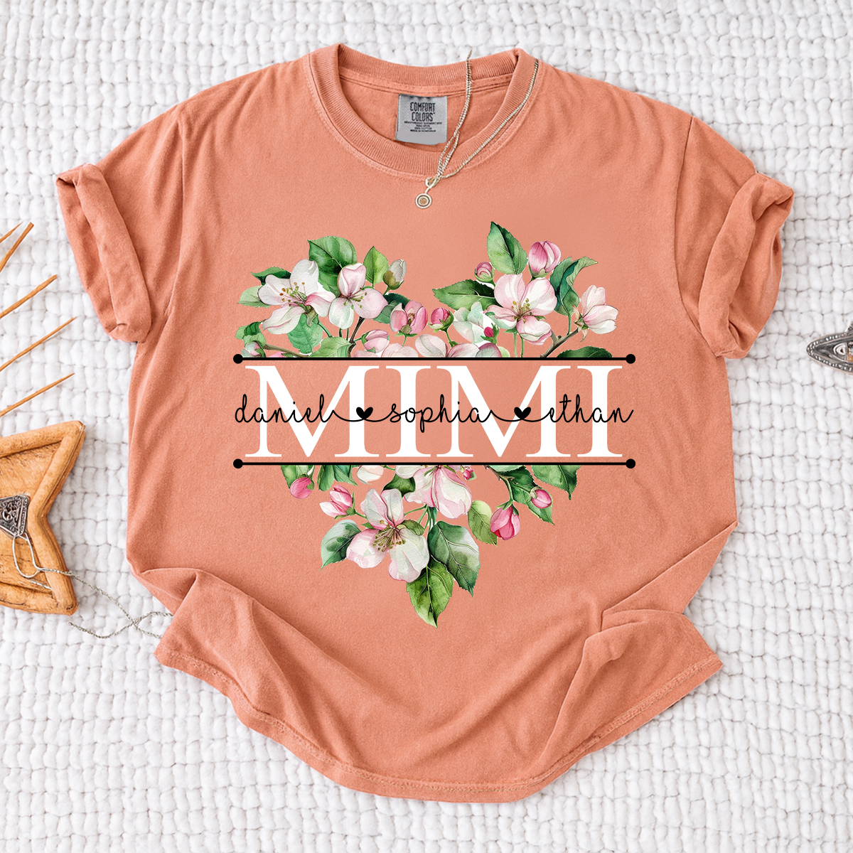 Comfort Personalized Mimi Flower Heart Shirt, Custom Names Family Gift T Shirt