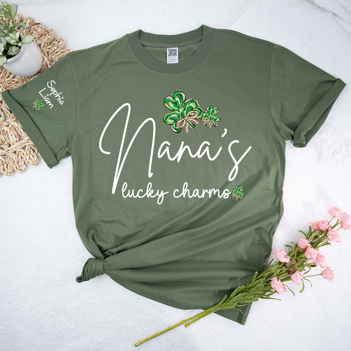 Nana’s Lucky Charms Shirt Personalized Grandma Name Tee with Shamrock Design St Patrick Theme Gift for Nana