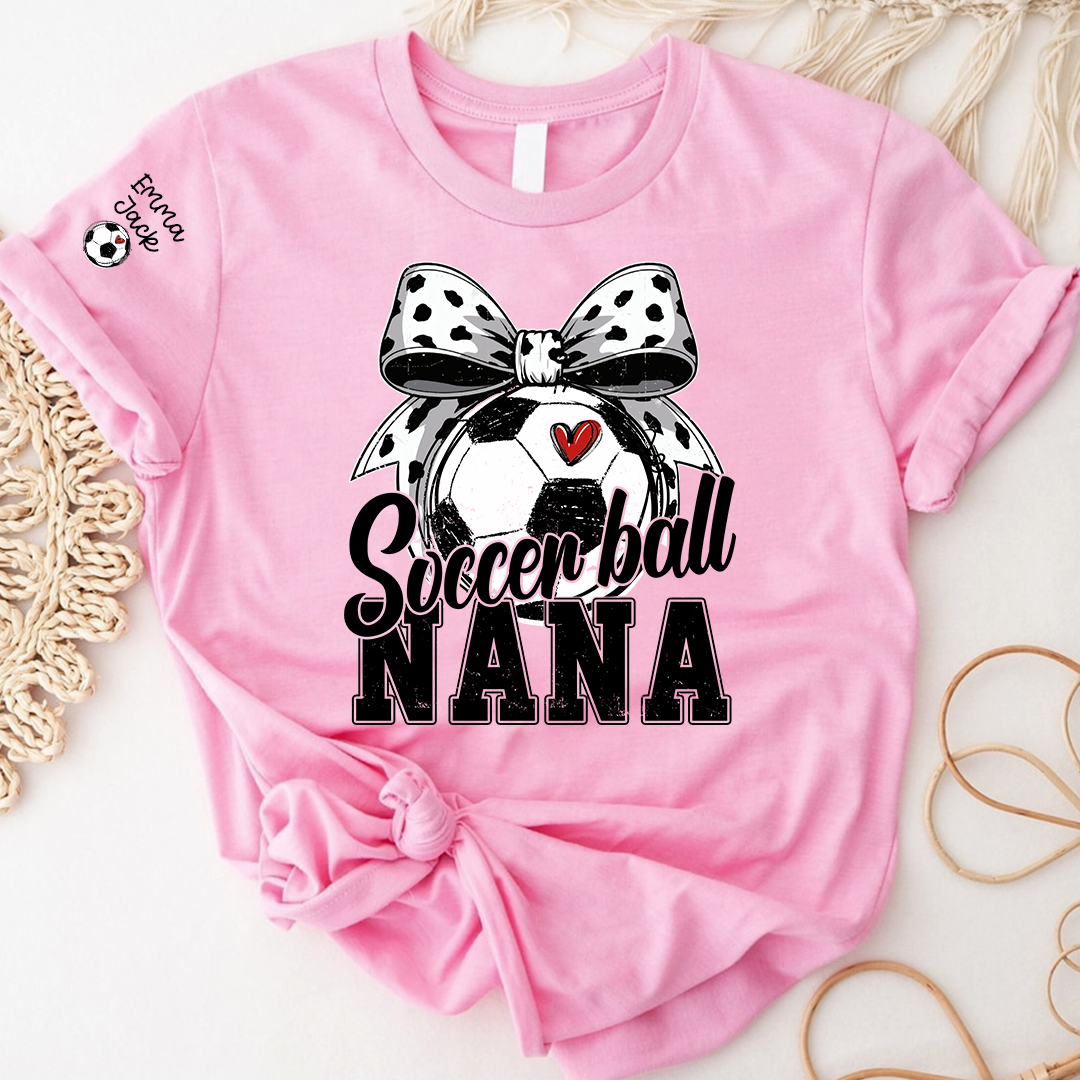 Soccer Nana Shirt Personalized with Grandkids Names, Soccer Ball Bow Family T Shirt