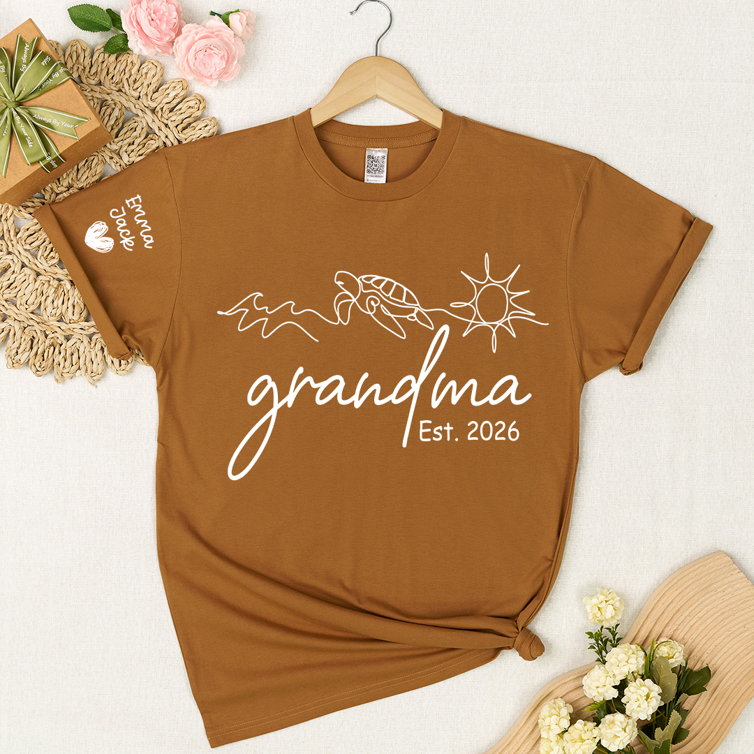 Personalized Grandma Nature Shirt, Sea Turtle Botanical Graphic Tee, Custom Sleeve Names T Shirt, Ocean Lover Gift for Grandma