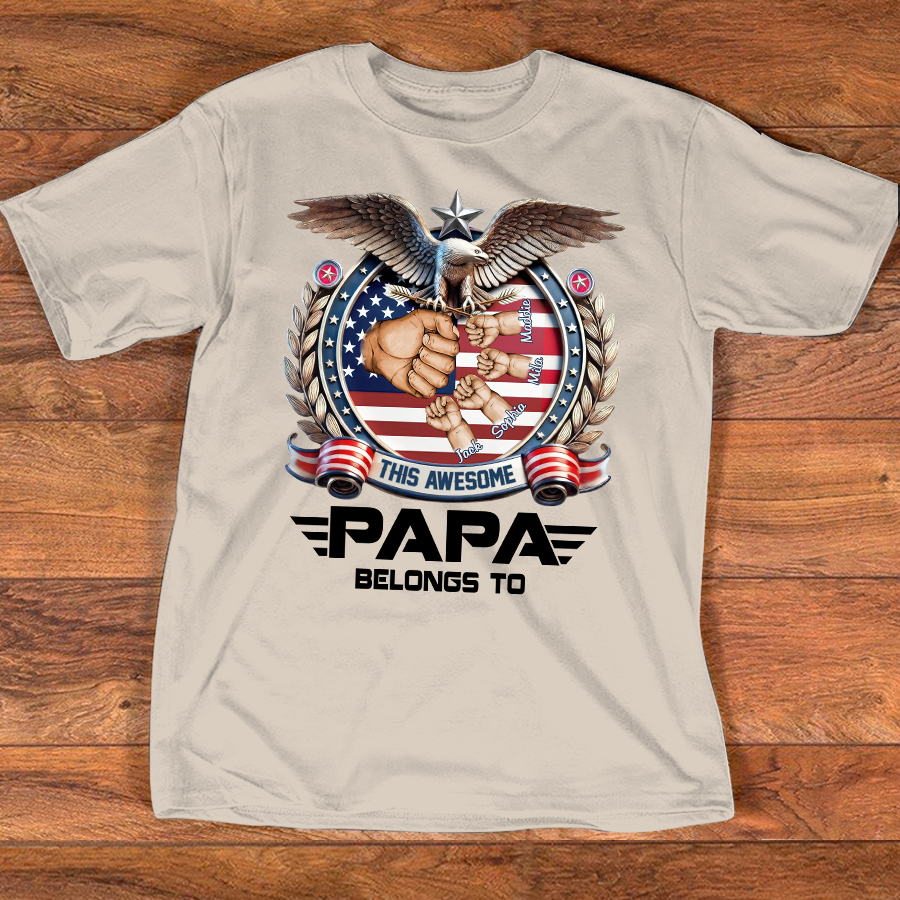Personalized Papa Shirt This Awesome Papa Belongs To, Custom Kids Names Patriotic Eagle T-Shirt