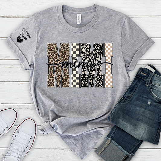Personalized Mimi Shirt with Grandkids Names, Leopard and Checkered Pattern Family Tee