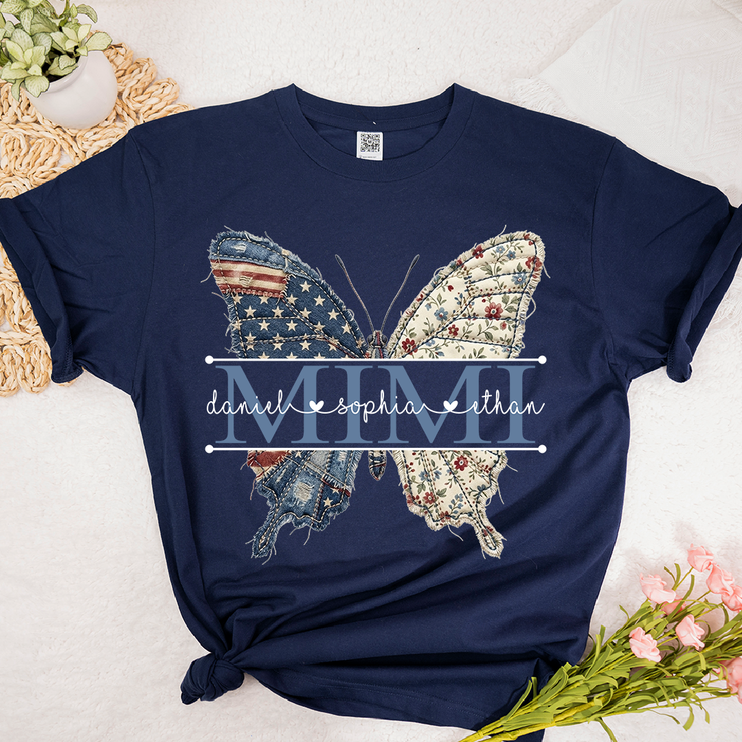 Custom Mimi Butterfly T-Shirt, Patriotic 4th of July Gift For Grandma And Kids