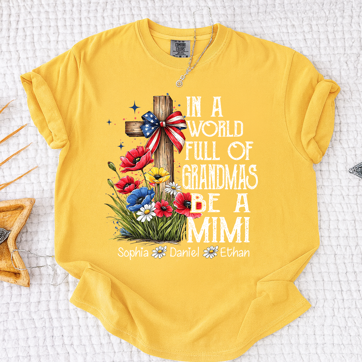 In a World Full of Grandmas Be a Mimi T-Shirt, Personalized Mimi T-Shirt with Cross and Floral Design