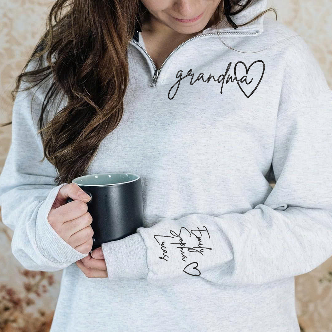Custom Grandma Sweatshirt, Personalized Grandma Embroidered Quarter Zip Sweater