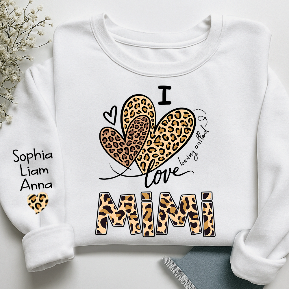 I Love Mimi Sweatshirt with Leopard Heart Design, Personalized Family Crewneck for Valentine