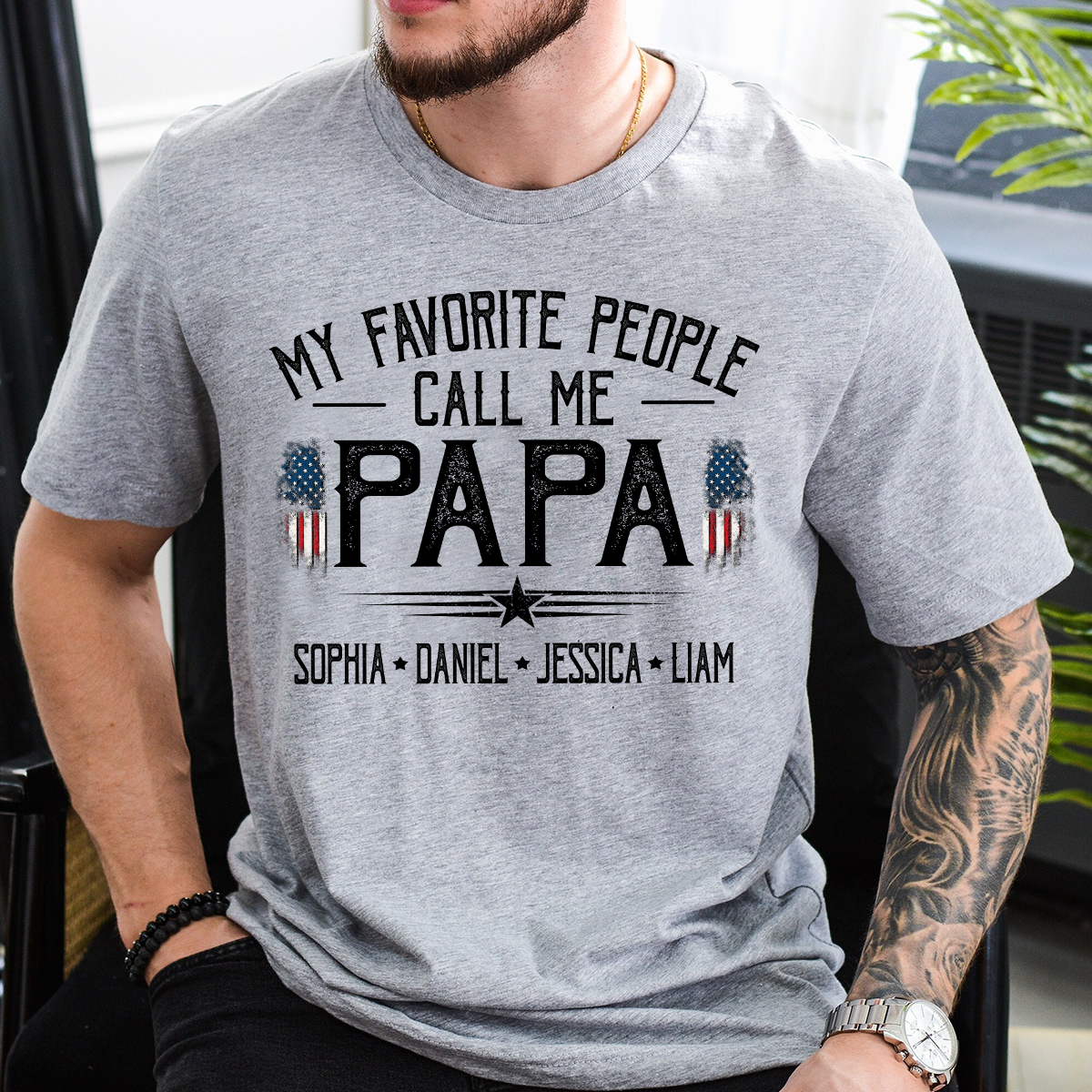 Custom My Favorite People Call Me Papa Shirt, Personalized with Grandkids Names, American Flag Graphic