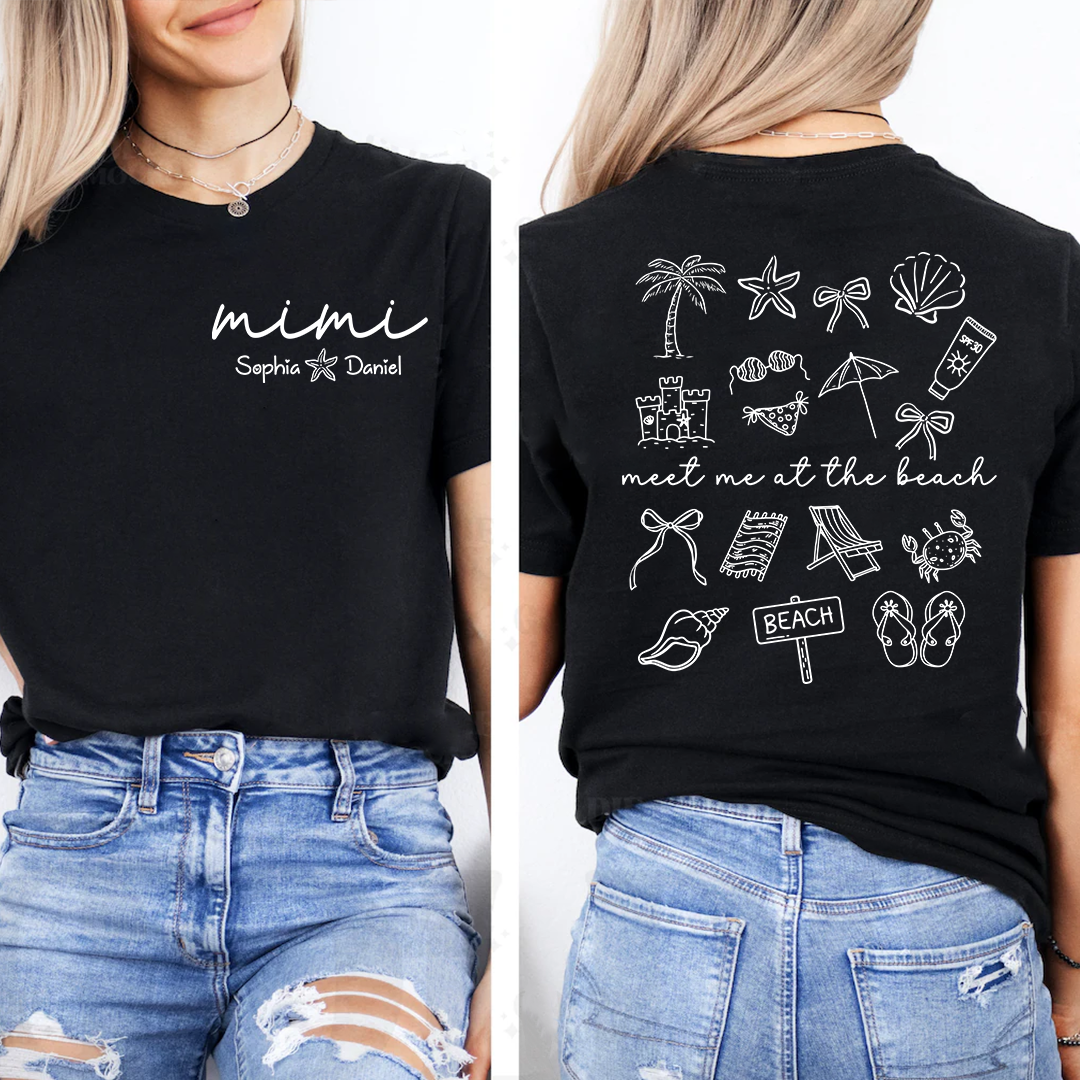 Personalized Mimi Beach Shirt with Grandkids Names, Meet Me at the Beach Back Print Tee, Custom Coastal Summer Gift for Grandma