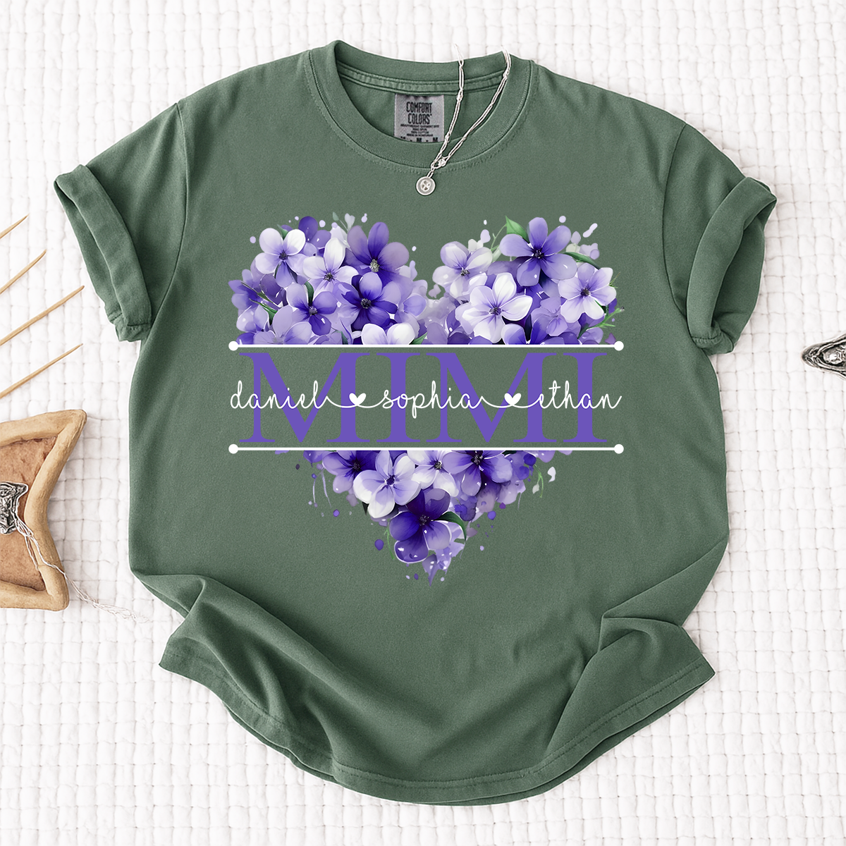 Comfort Colors Personalized MIMI T Shirt, Custom Family Names with Purple Floral Heart Design, Perfect Gift for Mimi