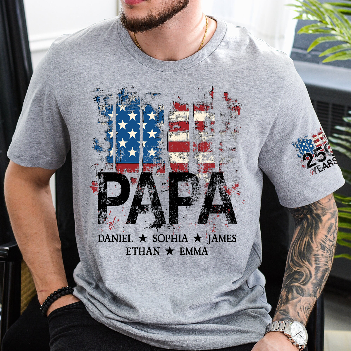 Custom Papa Shirt, 250th Anniversary USA Flag Design, Personalized with Grandkids Names, Patriotic Gift