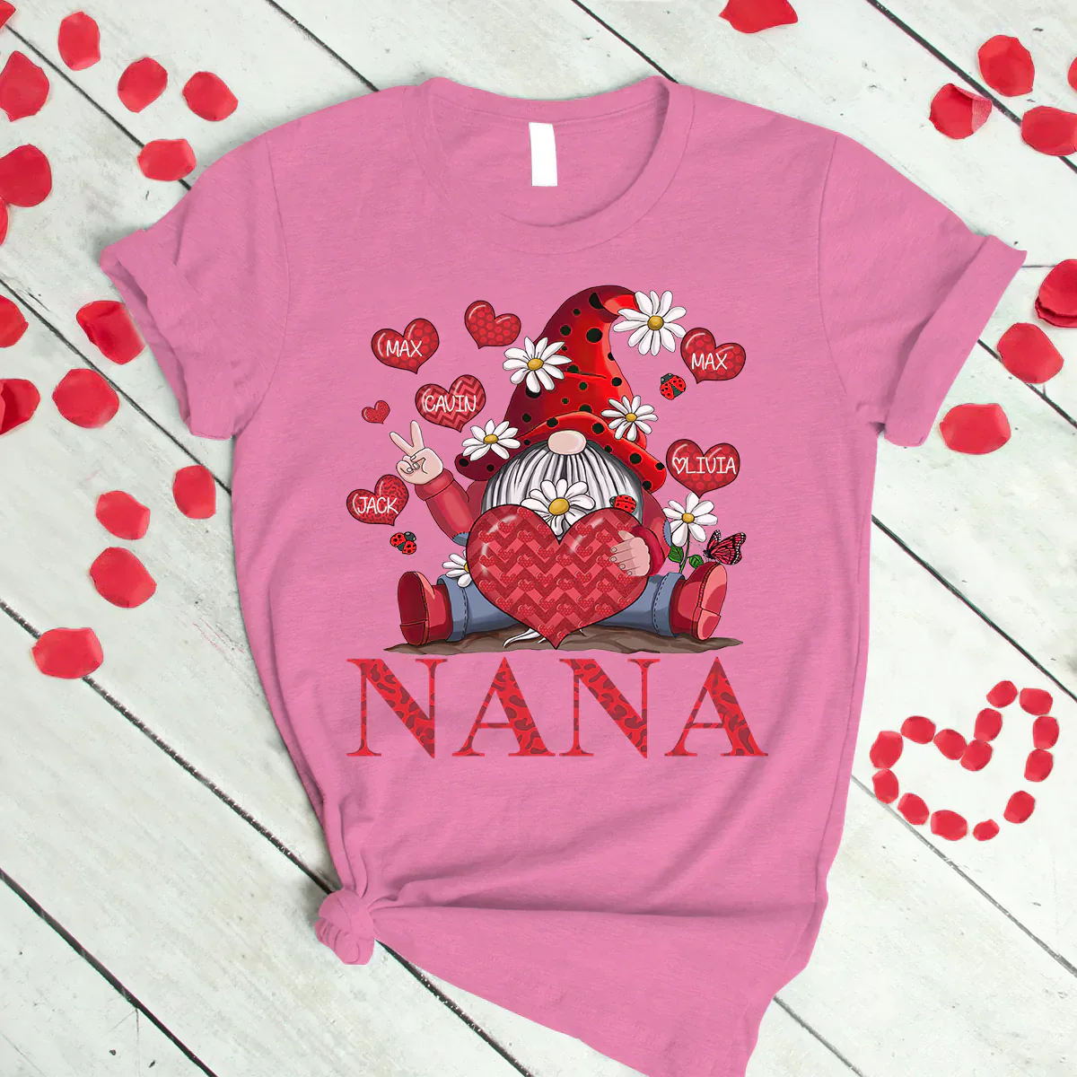 Personalized Grandma and Grandkids heart Gnome T-Shirt