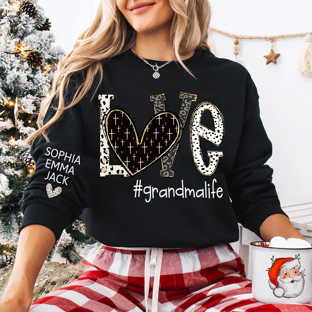 Personalized Love grandmalife Sweatshirt Bible Style Design & Custom Grandkids Names on Sleeve Sweatshirt