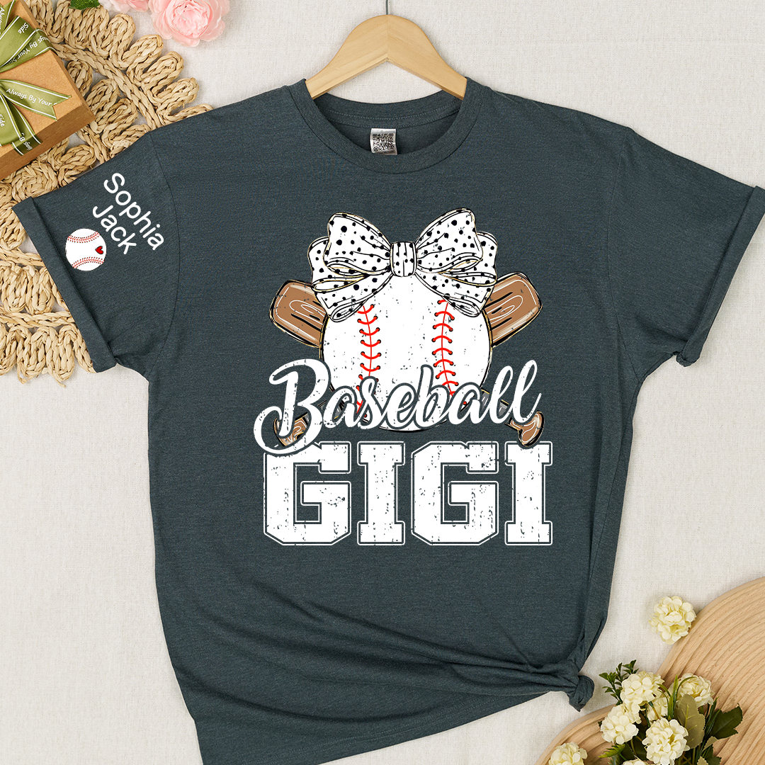 Baseball Nana Gameday Gift For Grandma with Grandkids Custom Name on Sleeve T-shirt