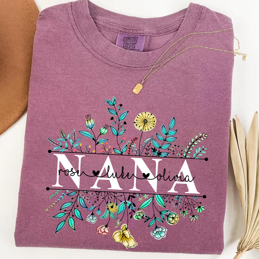 Comfort Colors® Wildflower Grandma Color T-Shirt, Custom Grandma With Grandkids Shirt