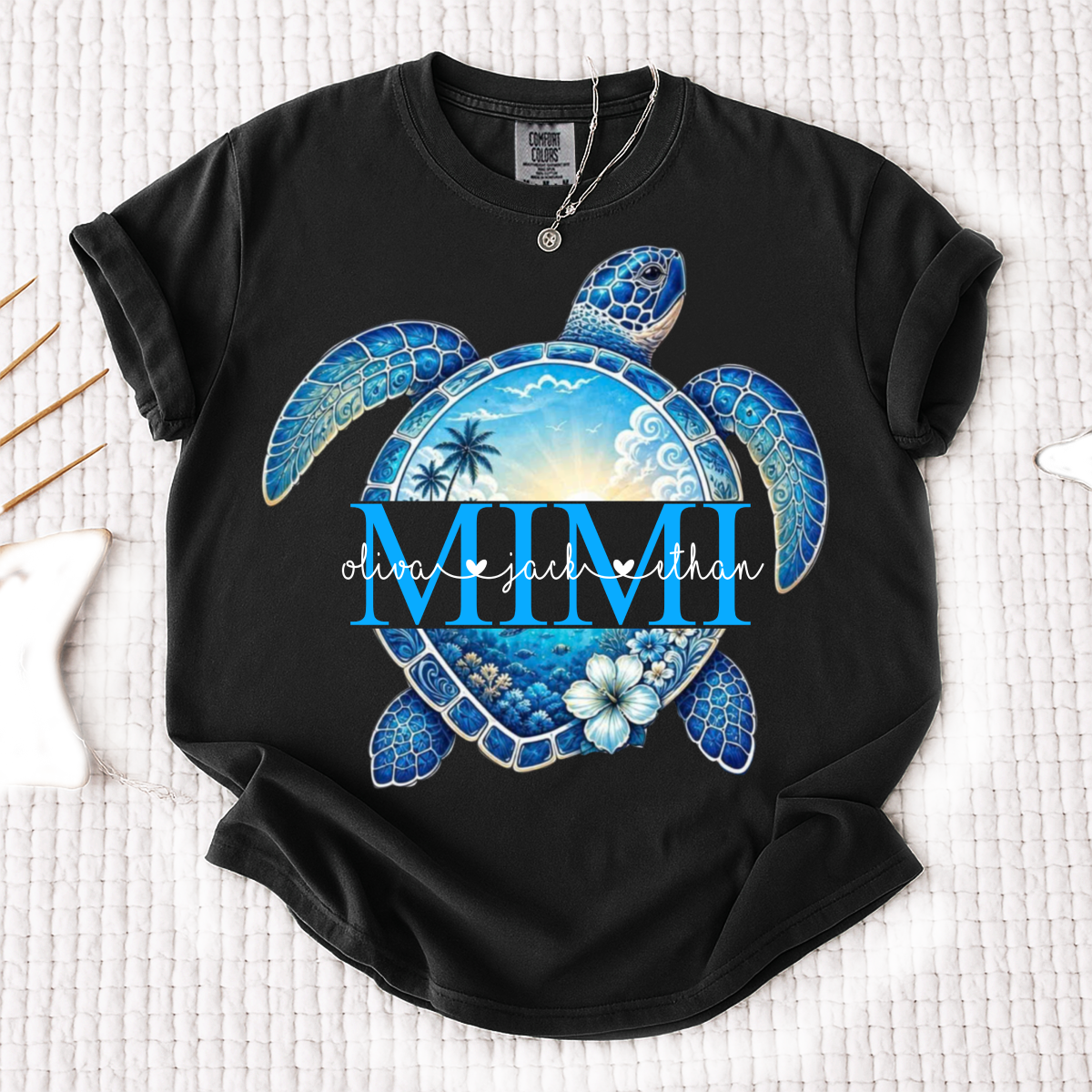 Comfort Colors® Personalized Mimi Sea Turtle Shirt, Custom Grandkids Names Beach Tee, Coastal Ocean Summer Gift for Grandma