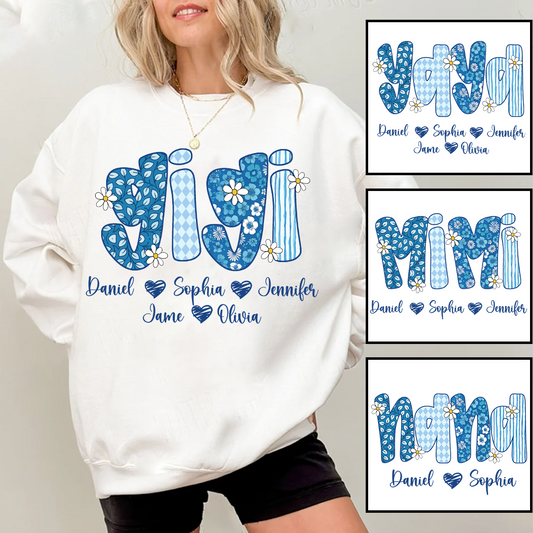 Blue Floral Gigi Personalized Grandma Gift with Grandkids Names Shirt