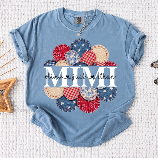 Comfort Colors® Personalized Mimi Shirt with Kids Names, Faux Patchwork Floral American Flag Hear T-Shirt, Custom Design for Mimi, Nana, Gigi, Mama, Names, Gifts for Mother's Day, 4th of July, Birthday