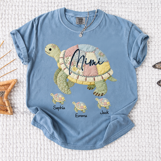 Comfort Colors® Personalized Mimi Patchwork Turtle, Custom Grandkids Names Shirt, Grandma Turtle Family Shirt, Birthday Gift for Mimi Nana Gigi, Mothers Day Shirt