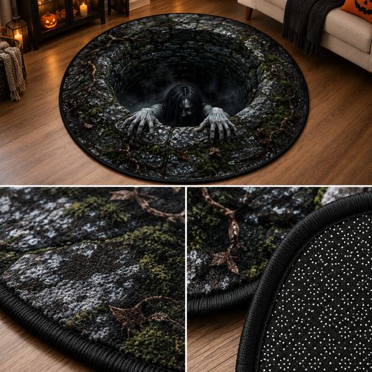 Ghost Girl Well 3D Halloween Rug – Creepy Haunted Well Floor Mat, Horror Illusion Area Rug, Spooky Halloween Home Decor