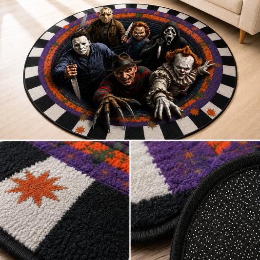 Halloween Horror Villains Round Rug – Scary Movie Character 3D Illusion Area Rug, Spooky Halloween Home Decor