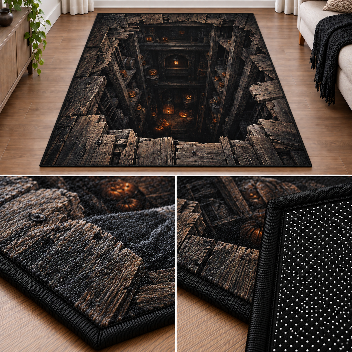 Halloween Haunted Pit 3D Velvet Carpet, Spooky Horror Illusion Area Rug