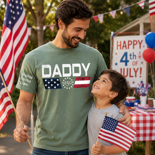 Personalized Daddy 250 Years Of Freedom Shirt With Kids Names Sleeve, Patriotic Dad Family, U.S. 250th Anniversary 1776 2026 Gift For Fathers Day Birthday