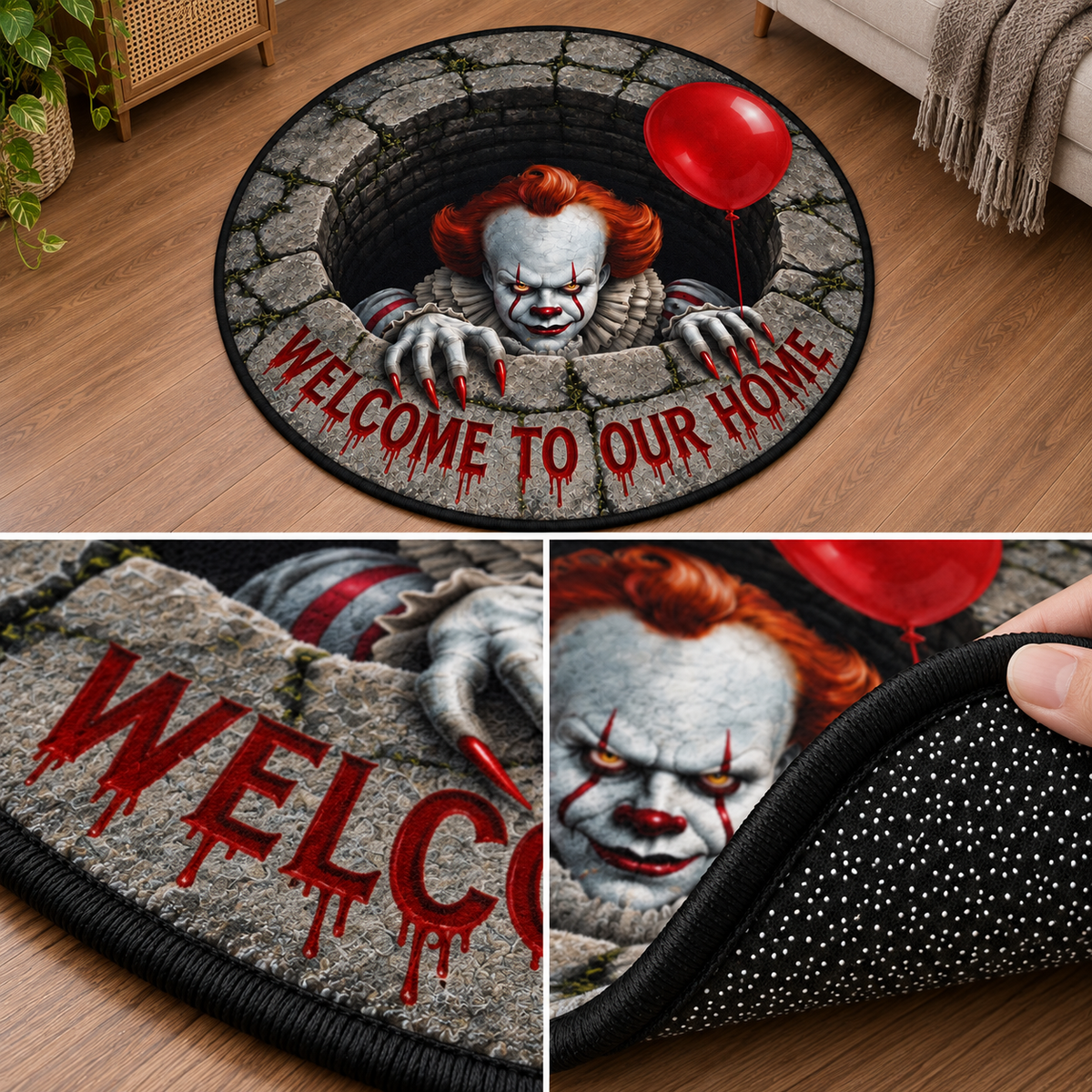 Pennywise 3D Well Velvet Carpet, Halloween Horror Round Area Rug