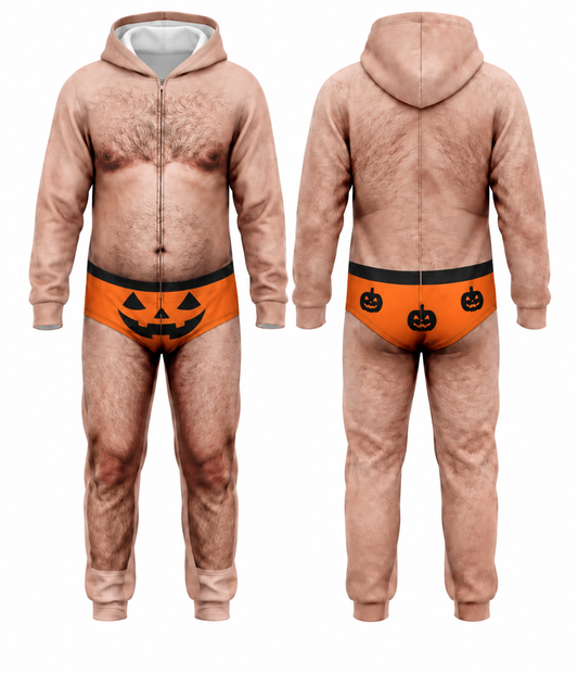 Funny Halloween Onesie Costume, Hairy Body Jumpsuit, Pumpkin Print Unisex Outfit V2