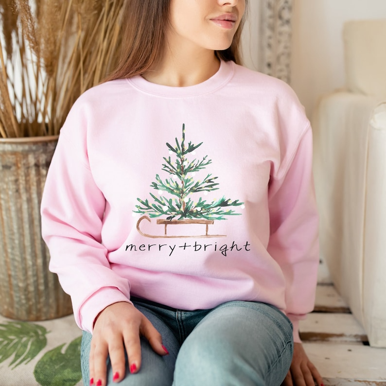 Christmas Sweatshirt for Women, Merry and Bright Hooded Sweatshirt, Christmas Tree Crewneck Sweater